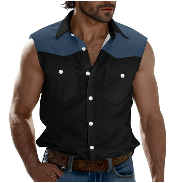 Camisas de Cuello para Hombres Moda Casual Patchwork Turndown Bolsillos sin Mangas Tanque Deportivo, Poliéster