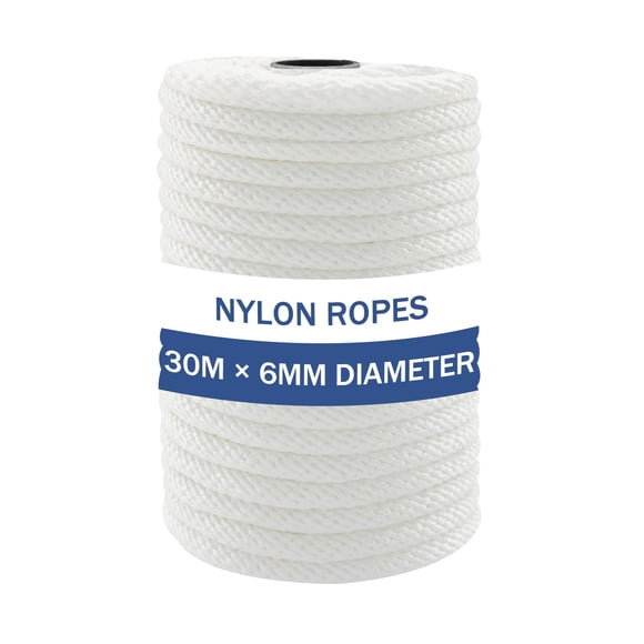 NQ Nylon Rope 30Mx 6mm Diameter, 1/4" x 100FT Inch Corde for Outdoor, Camping, Hiking, Heavy Duty Rope for Crafts, DIY for Clothesline, Swing, Flag Pole(White)