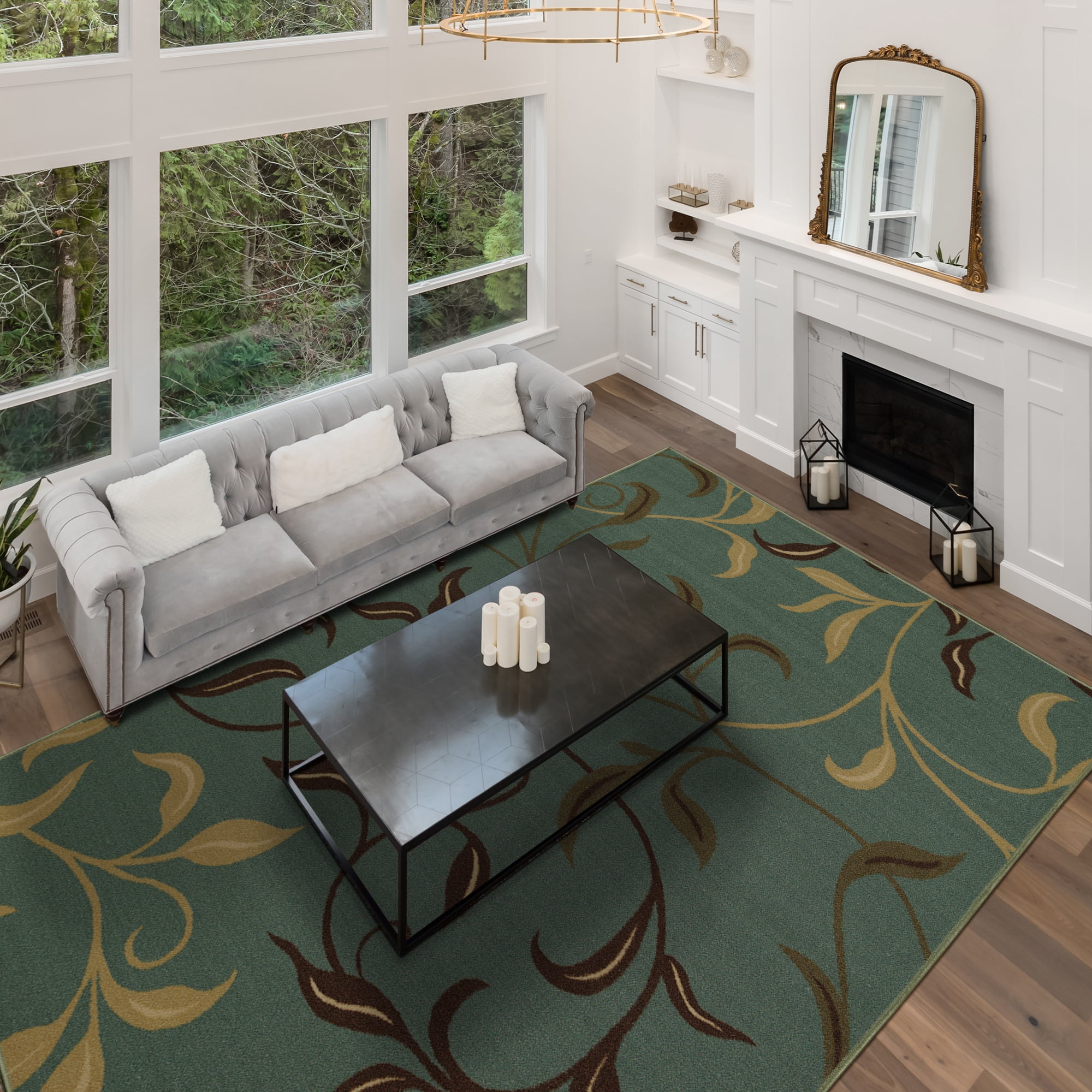 Ottomanson Non-Slip Area Rug for Living Room 7'10" x 9'10" Durable Low Profile Carpet, Seafoam Green Leaf