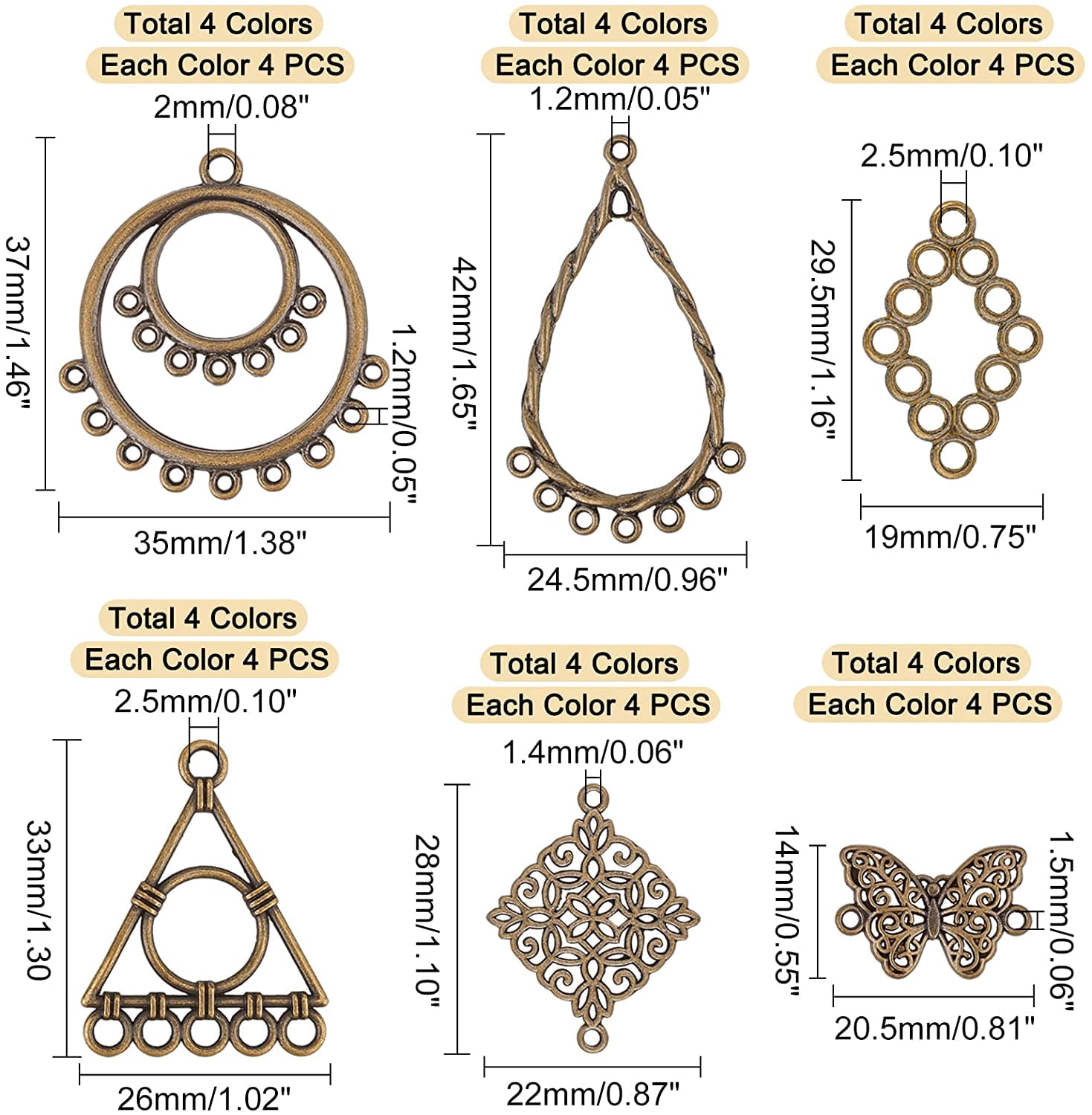 96pcs Earrings Pendants Kit 6 Styles Metal Hollow Links Connectors Dangle Pendant Earrings for Earring Bracelet Necklace Choker Jewelry DIY Craft Making (4 Colors)