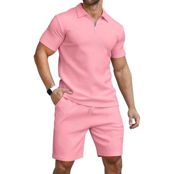 Conjunto de polo y pantalones cortos KUYIGO para hombre, color rosa, talla L