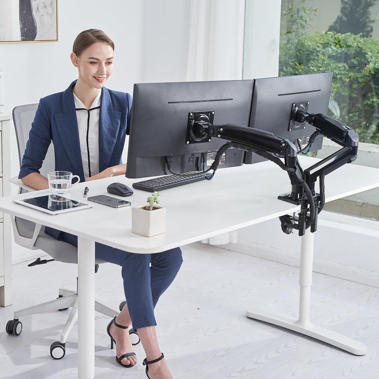 Dual Monitor Wall Mount for 13-32 inch Computer Screens, Gas Spring Monitor Stand Arm for 2 Monitor, Each Arm Holds Max 22 lbs, Full Motion Wall Monitor Mount with VESA 75x75/100x100