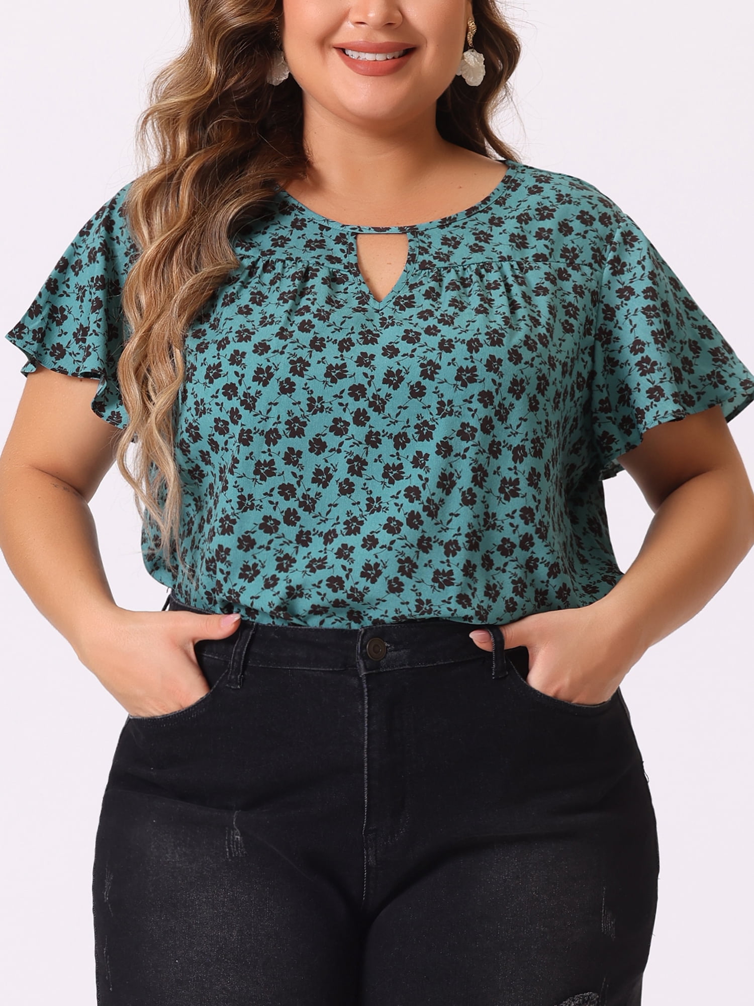 DARING DIVA Women's Plus Ruffle Short Sleeve Keyhole Chiffon Blouse 3X Blue Green