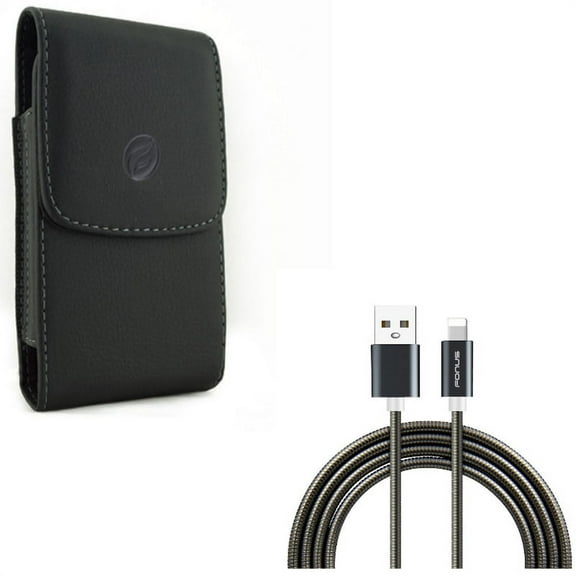 3ft Metal USB Cable w Leather Case Belt Clip for iPhone XS Max/8 PLUS/7 Plus/6S Plus/6 Plus - Charger Cord Power Wire Sync Fast Charge and Holster Cover Pouch Vertical Carry