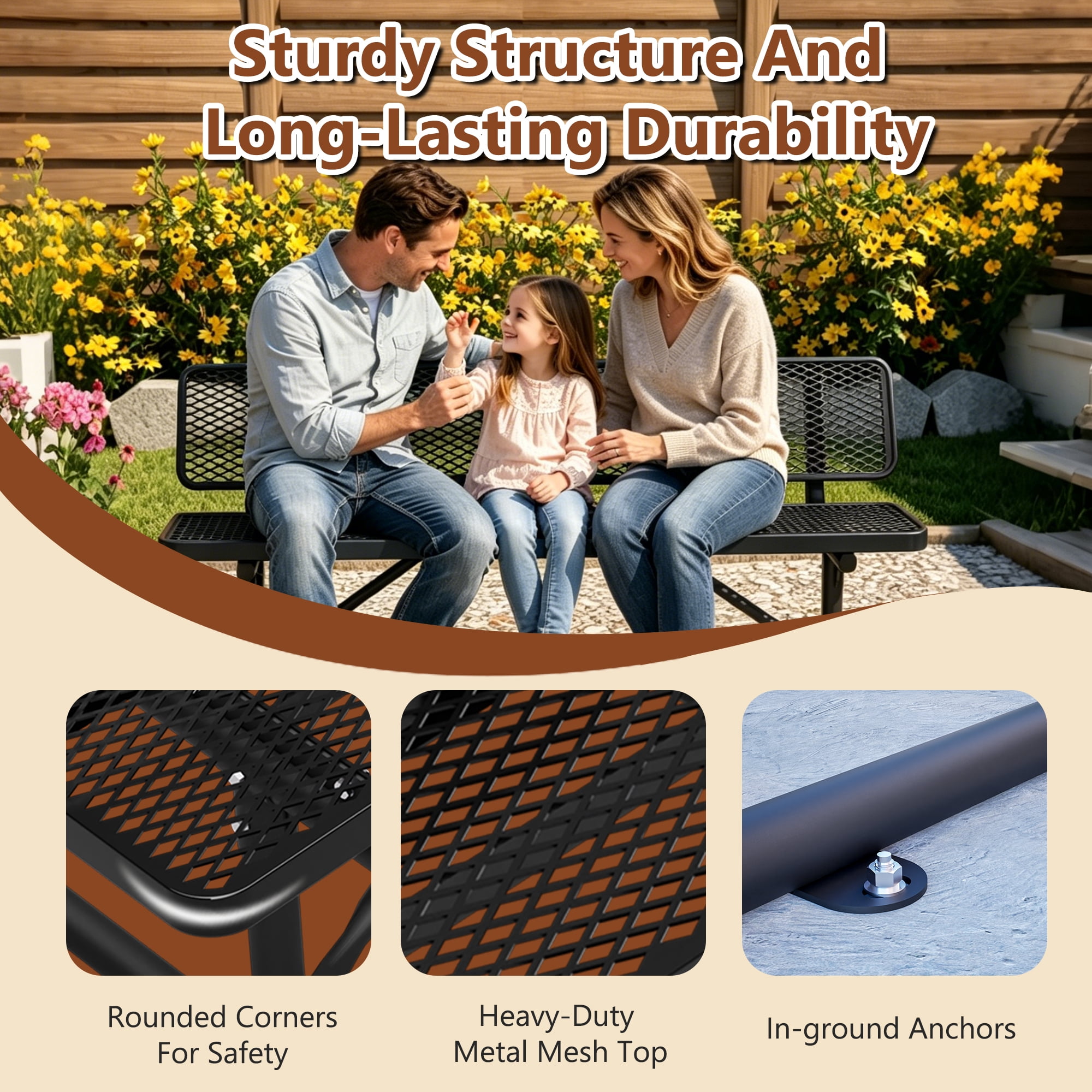 72" Outdoor Picnic Bench for 3-4 Person,All Weather Metal Outdoor Dining Chair for Garden,Patio,Park,School,Black
