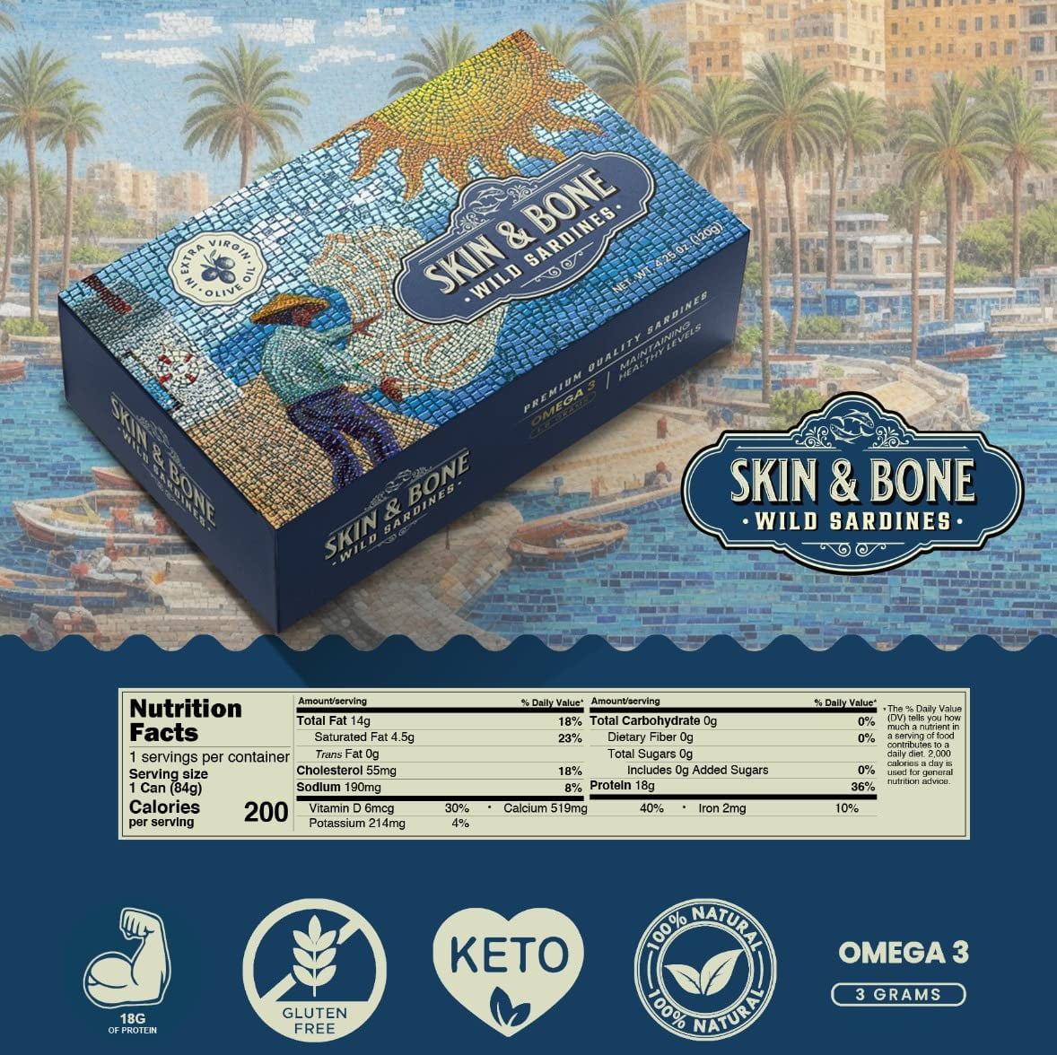 Skin & Bone Wild Caught Portugese Sardines in Extra Virgin Olive Oil, Pack of 12, 4.25oz. Handpacked, Wild Caught