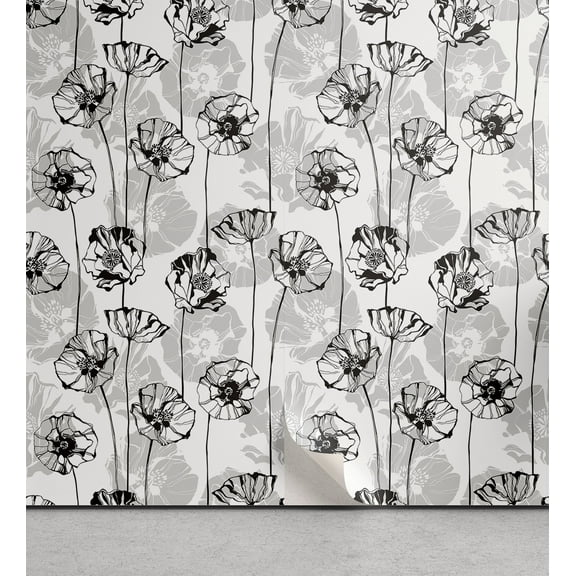 Ambesonne Floral Peel & Stick Wallpaper for Home, Poppies Botanical Monochrome, 13"x36", Charcoal Grey and White