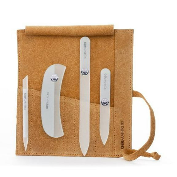 GERMANIKURE Crystal Glass Nail File Set in Yellow Suede Case – Handmade in Czech Republic – Professional Manicure & Pedicure Supplies – Glass Cuticle Stick, Pusher, Callous Remover