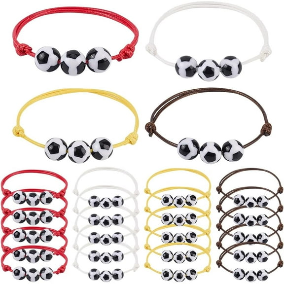 24Pcs 4 Colors Soccer Charm Bracelets Soccer Football Beaded Ball Bracelet Adjustable Wristband Sports Party Favor Gifts
