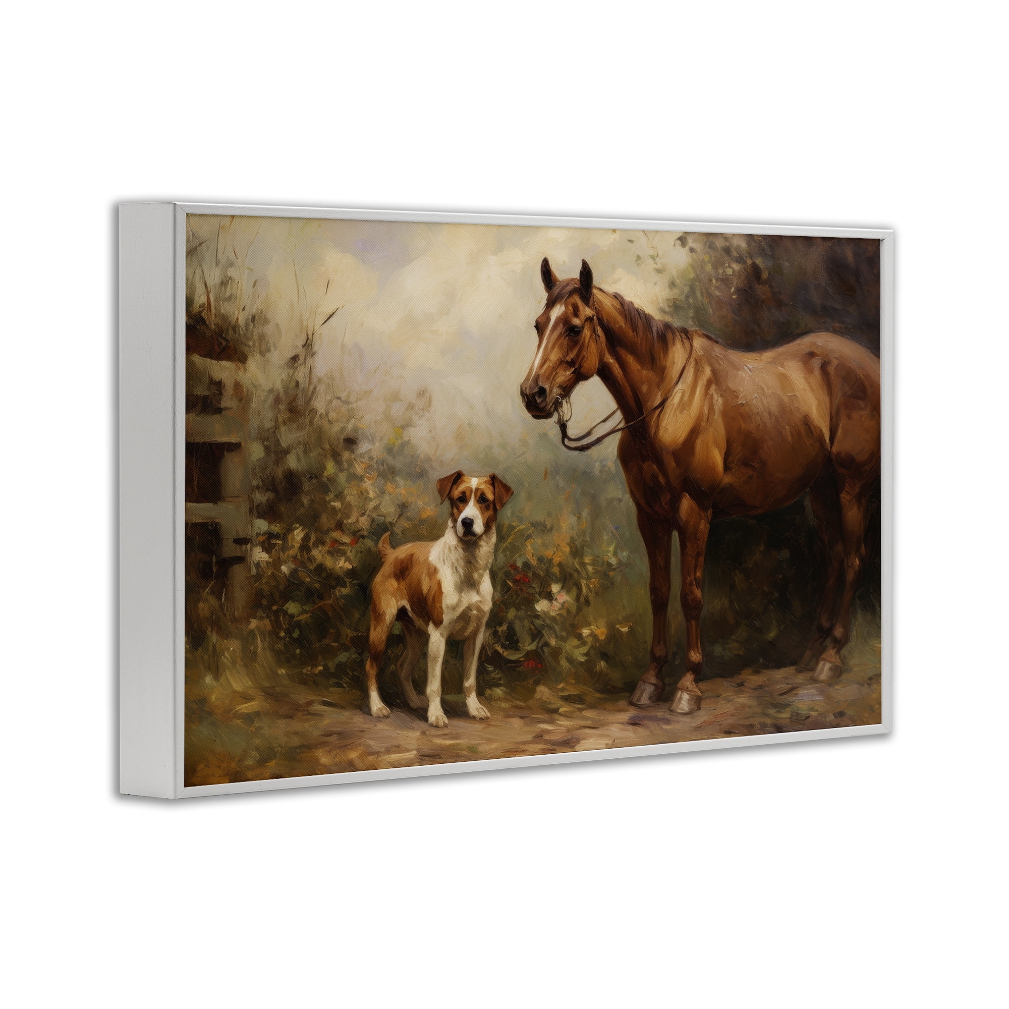 Stupell Industries Horse & Dog in Nature Landscape Painting White Framed Art Print Wall Art, 24 x 16