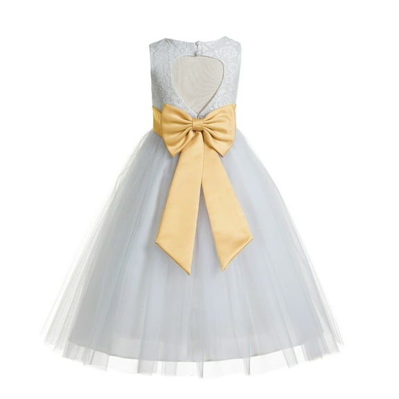 Ekidsbridal Girl Communion Flower Girl Dress - Floral Lace White Heart Cutout with Tiebow 172T-A (Size: 2-14)