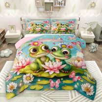 Manfei Teens Adults Cartoon Floral Frogs 3 Pieces Queen Comforter Set,Cartoon Rainbow Butterflies Ultra Soft Bedding Sets,Chic Floral Lotus Bedding Comforter Set Breathable,Ultra Soft Home Decor