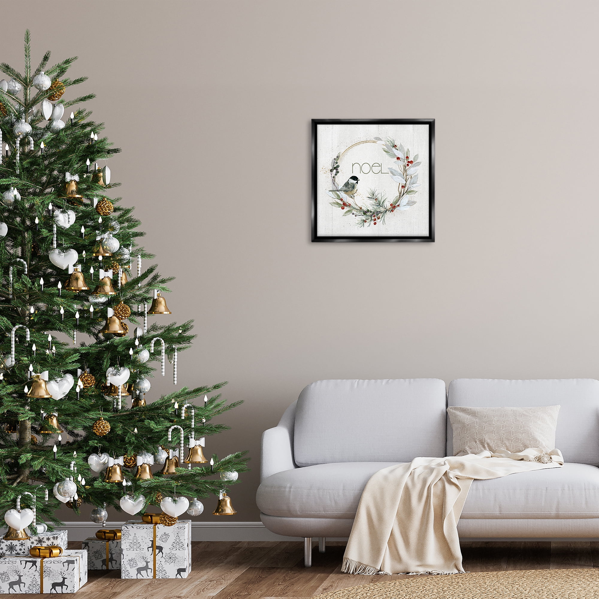 Stupell Industries Simple Noel Wreath Holiday Painting Black Floater Framed Canvas Art Prints Wall Art, 25 x 25