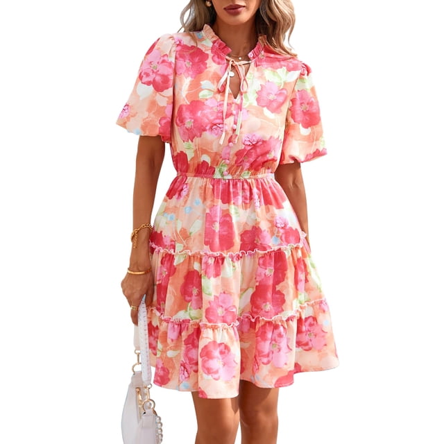 Vestido BTFBM para mujer, estampado floral, cuello en V, manga corta, volantes