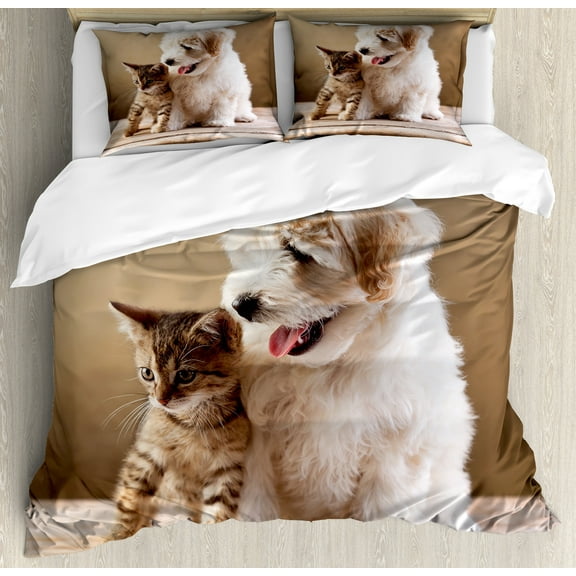 Ambesonne Animal Duvet Cover Set, Kitten and Dog Friends, Calking, Sand Brown White