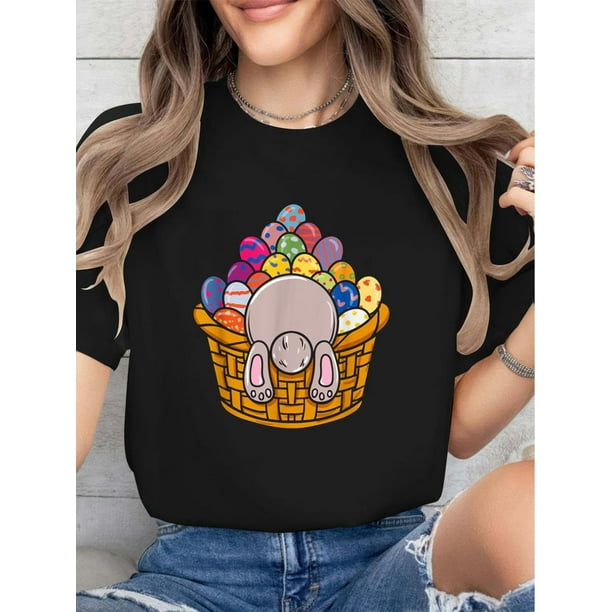 Funny Easter Bunny Rabbit In Egg Basket Adult Kids Print T-shirt, Short Sleeve Crew Neck Casual Top for Summer & Spring, Women'S Clothing Tee For Adult, Men, Women, Teen, Teenager, Adolescent, Youth