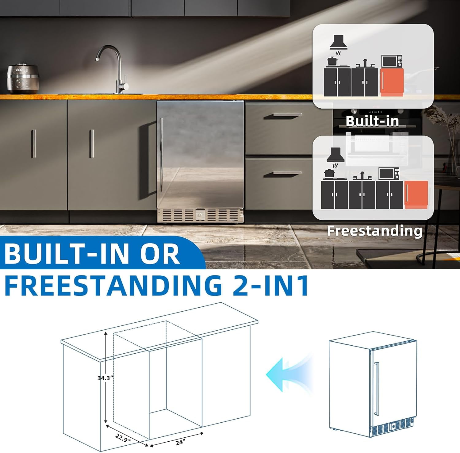 FREE VILLAGE 24 inch Outdoor Beverage Refrigerator,5 Cu.ft / 180 Cans Stainless Steel Mini Fridge for Undercounter or Freestanding,32-50°F Fast Cooling Wine Cooler for Home Patio Kitchen Bar