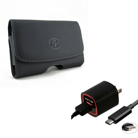 Black Leather Side Case w 18W Adaptive Fast Home Charger 6ft Turbo USB Type-C Cable J6Y for LG Stylo 4 Plus - Motorola Moto Z3 Play Z2 Play Z Play Droid Force Droid G7 Power G6 - OnePlus 5T, 6