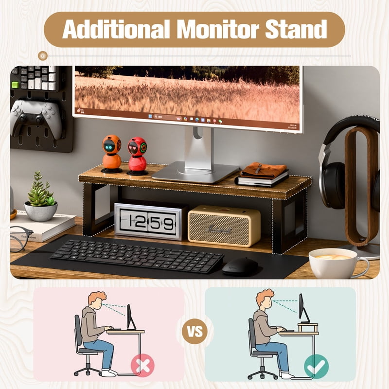 Homall 65.4" L-Shaped Desk with Power Outlets & USB, Corner Desk with 2 Drawers and 2 Monitor Stand, Brown