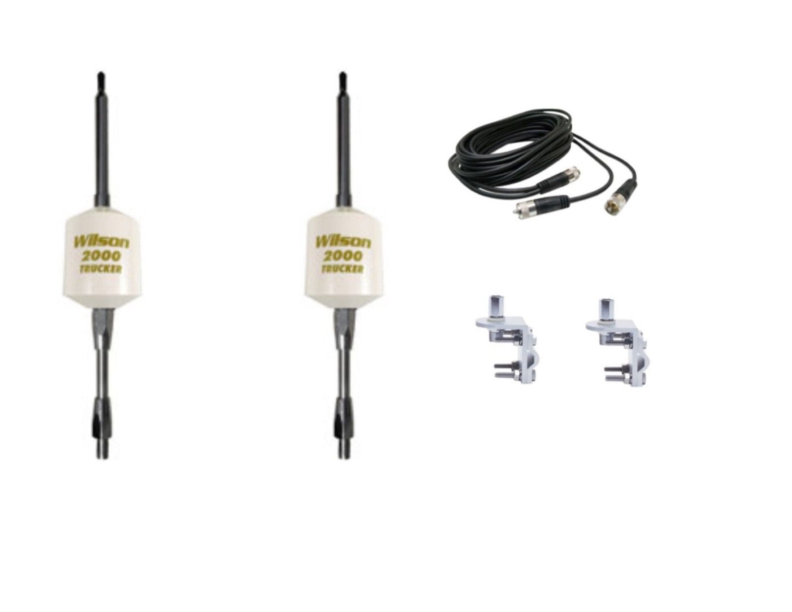 2 WILSON 2000 WHITE TRUCKER CB ANTENNAS 5" SHAFT,18FT DUAL COAX,MIRROR MOUNTS