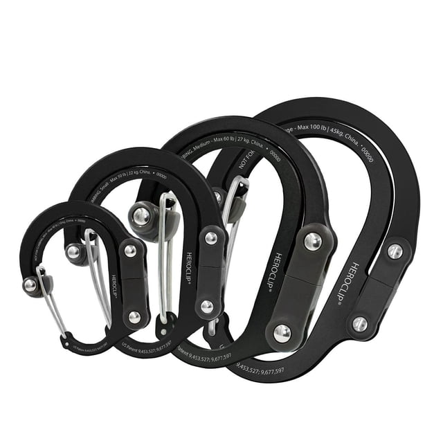 Juego de 4 mosquetones GEAR AID HEROCLIP de grande a mini, color negro