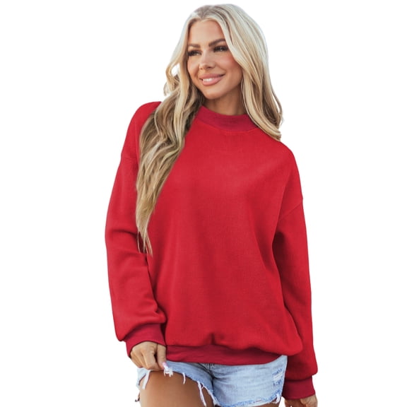 Casual Women's Racing Red Oversize Reversible Mock Neck Sweatshirt for Everyday Style | XL