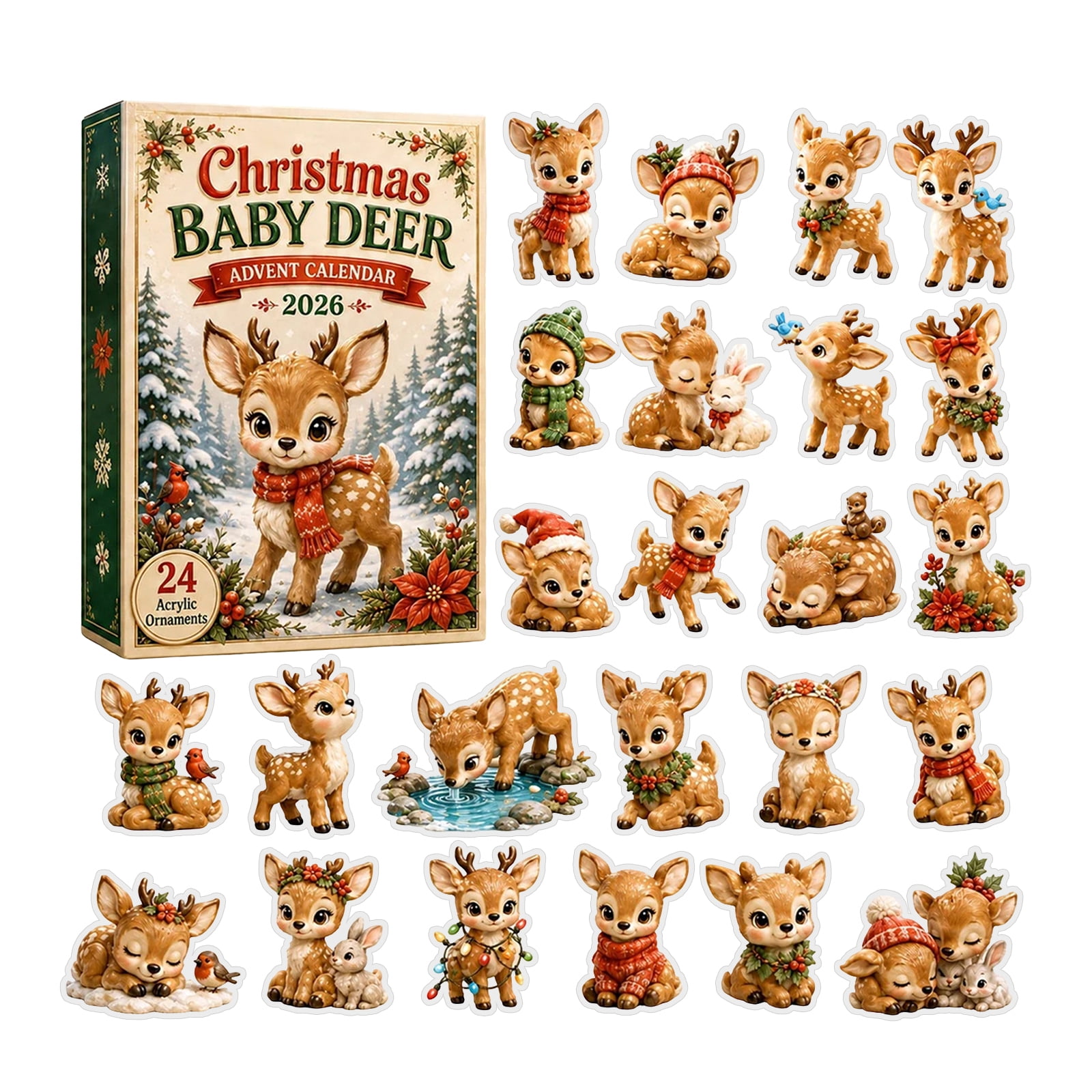 2026 Christmas Baby Deer Advent Calendar, 24 Days Xmas Countdown Calendar Cute Baby Deer 2D Acrylic Ornaments, Collectible Surprise Gift Box Stocking Stuffer for Kids Boys Girls Teens