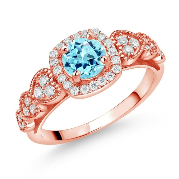 Gem Stone King 18K Rose Gold Plated Silver Blue Apatite and White Moissanite Engagement Ring for Women (1.20 Cttw, Round 6MM, Gemstone Birthstone, Size 7)