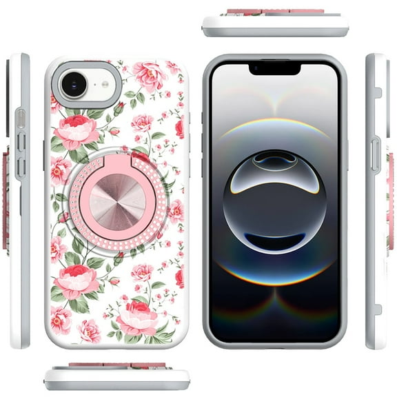 XPM for Apple iPhone 16e Phone Case, Pattern Design Hybrid with Invisible Ring Stand & Magnetic Back, Shockproof Protective Grip Cover for Apple iPhone 16 E (6.1") (Red Flowers)