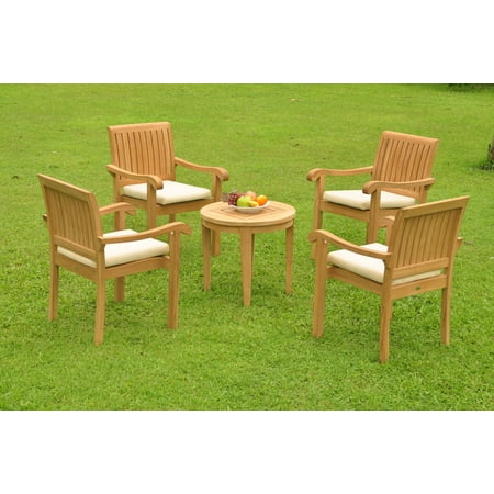 Grade-A Teak Dining Set: 4 Seater 5 Pc: Noida Round Side Table And 4 Napa Stacking Arm Chairs Outdoor Patio WholesaleTeak (Best 4 Seater Side By Side)