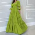 thumbnail image 2 of Clearance Women's 3/4 Sleeve Dress Puff Sleeve V Neck Empire Waist Pleated Patchwork Layered Flowy Maxi Dress Solid Elegant Dresses(S,Green), 2 of 6