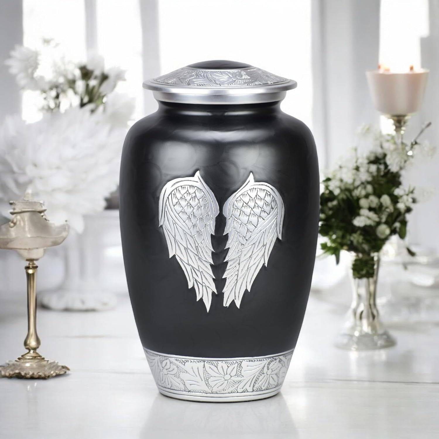 CRAFT INDIA Large Black Angel Wings Cremation Urn for Adult Human Ashes with Velvet Bag