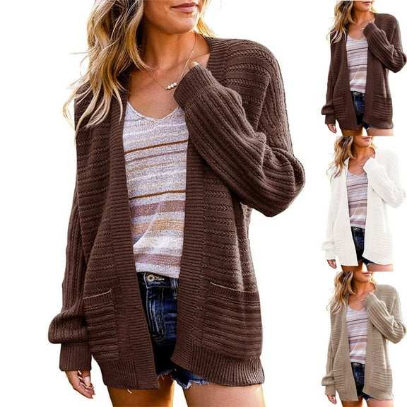 jtjvou Women's 2025 Fall Cardigan Sweater Long Sleeve Knit Sweater Open Front Cardigans Oversized Outerwear with Pockets Brown L