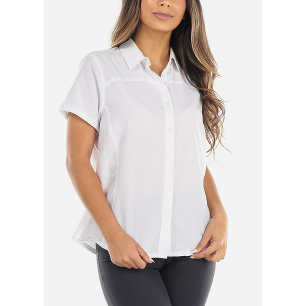Moda Xpress - Womens Short Sleeve Shirt Button Up Shirt Collar White ...