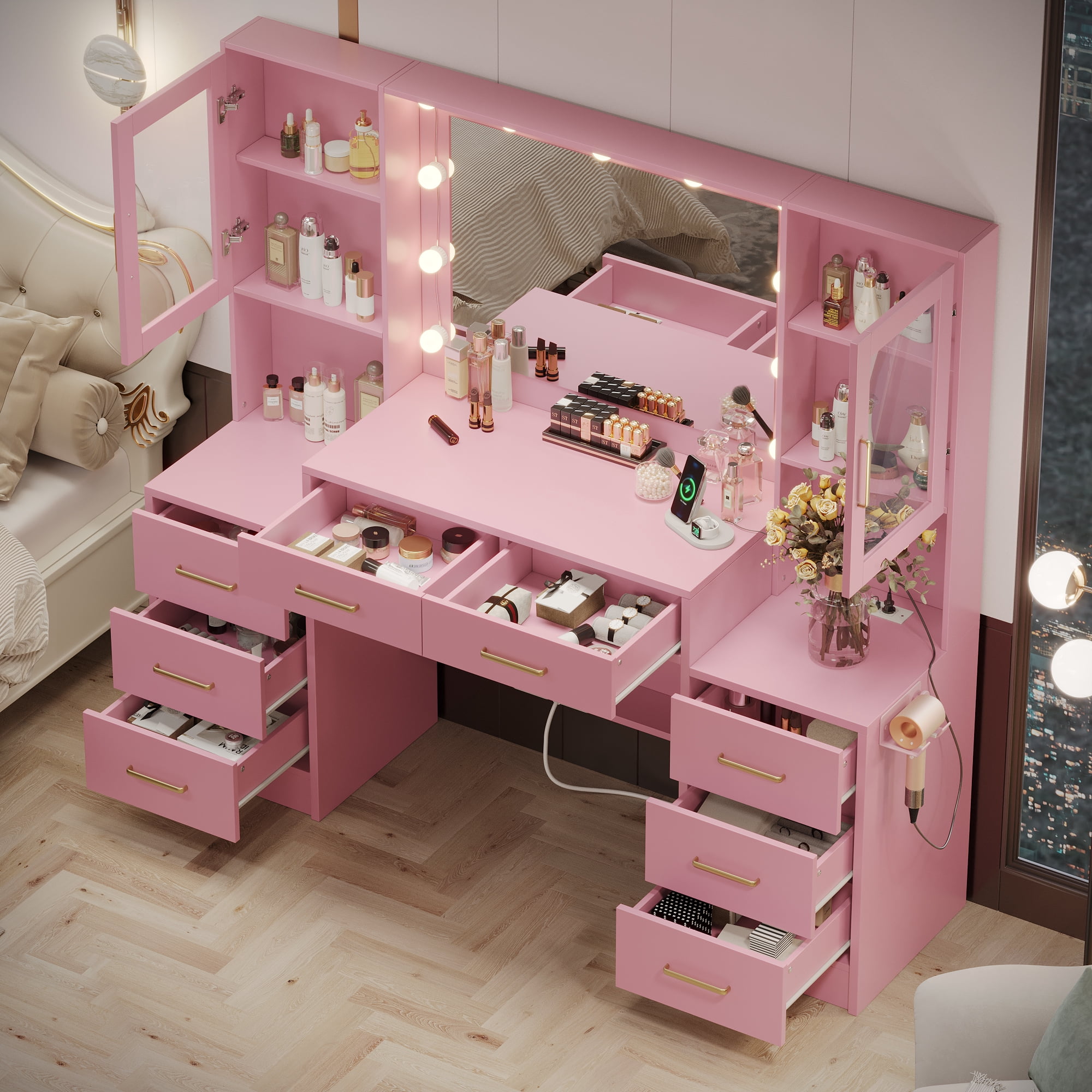 TOKSOM Pink Makeup Vanity Table with Lighted Mirror and Charging Station, Large Vanity Desk with 5 Drawers & Glass Cabinet, Cushioned Stool Set for Bedroom