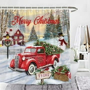 Newhomestyle Merry Christmas Red Vintage Truck Shower Curtain Tree Winter Snow Snowman Rustic Retro Farmhouse Bathroom Decor 72 x72 Inches