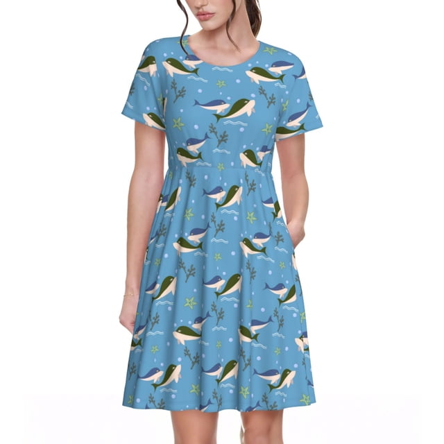 Fotbe Dolphin Lovers Vestido Largo de Moda para Mujer, Vestido Tipo Camiseta con Manga Corta y Estilo Casual a Rayas y Bloques de Color