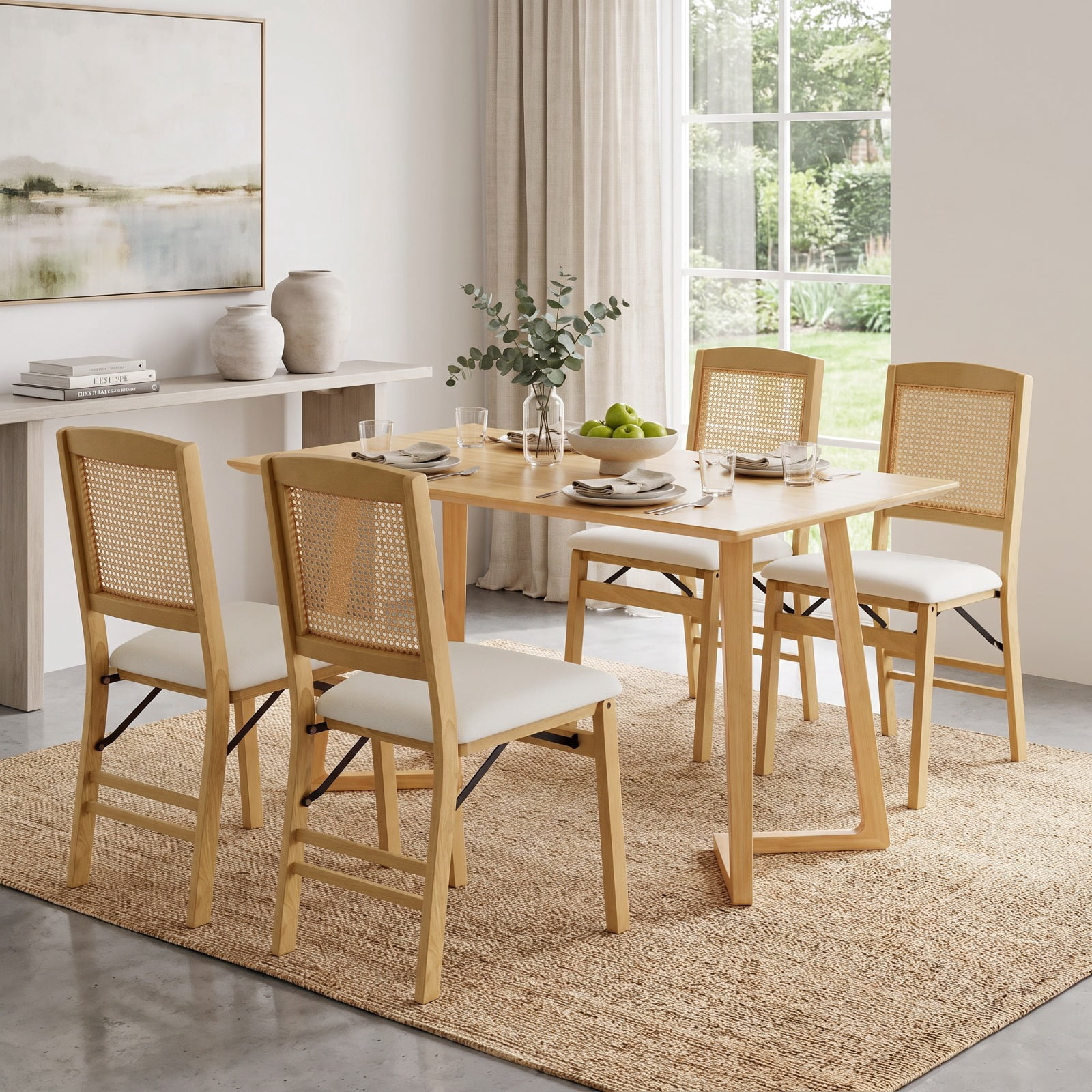 Furnibear Folding Dining Chairs Set of 2 Rubber Wood Chairs with Linen Padded Seat for Kitchen Dining Room Living Room Home, Natural
