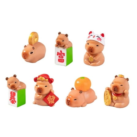 AOOOWER Miniature Capybaras Figurines Set of 7 Tiny Resins Animals Statues for New Year or Birthday Decoration Attracting Wealth