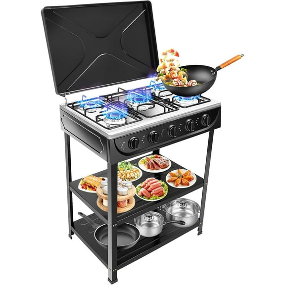 5 Burner Natural Gas Stove Natural Grills, Portable Gas Stove Freestanding Camp Stove with 2 Tier Storage Rack and Wind Shield,Indoor Natural Stove for Fishing RV Travel (Black)