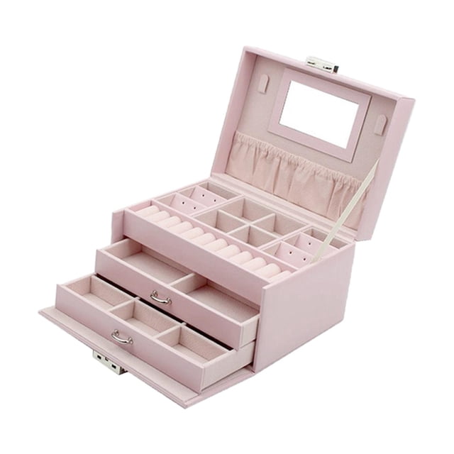 Joyero, grande con bandeja extraíble, soporte de joyería con espejo de piel sintética para mujeres, niñas, relojes, soporte de exhibición, estuche de viaje, regalo Rosado Salvador Caja de almacenamiento de joyas
