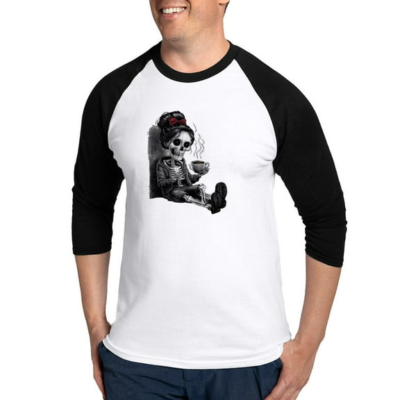 CafePress - Sitting And Holding A Steaming Cup Of Coffee - Cotton Baseball Jersey, 3/4 Raglan Sleeve Shirt