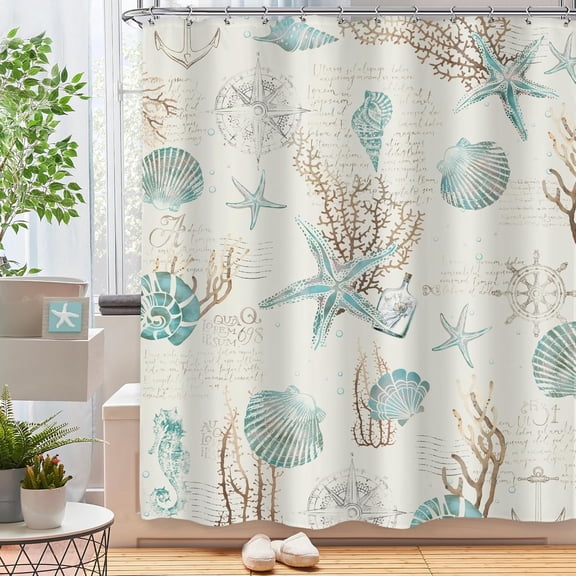 Starfish and Seashells Shower Curtain 72Wx72H Inch Beach Coastal Nautical Bathroom Set Ocean Coral Vintage Beige Ivory Retro Anchor Sea Horse with 12 Hooks Fabric Waterproof Accessories Decor