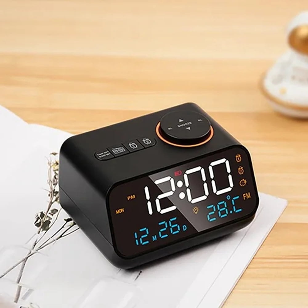 Mordern FM Radio LED Alarm Clock for Bedside Wake Up. Digital Table Calendar with Temperature Thermometer Humidity Hygrometer