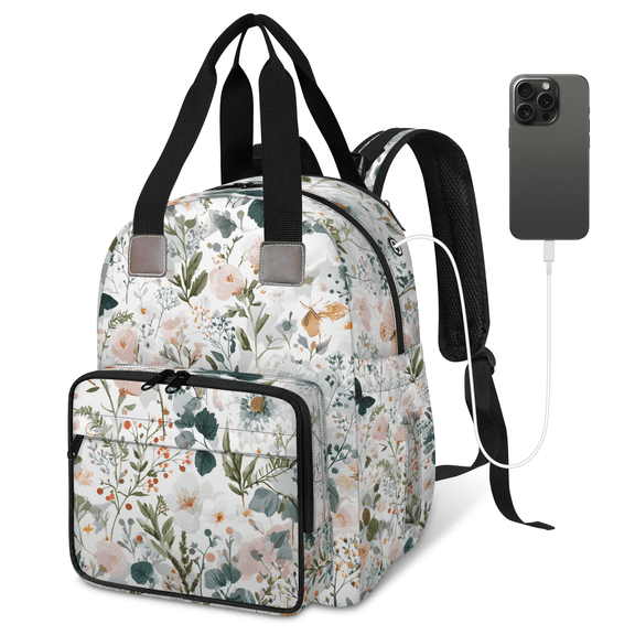 Floral Print Diaper Bag Backpack, Multifunction Baby Travel Backpacks with USB Port, Insulated Pocket, Stroller Straps