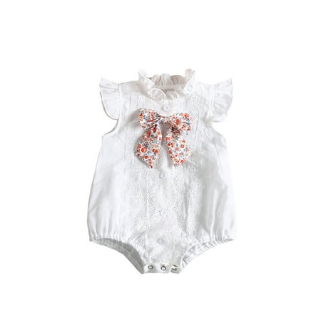 

Binpure Infant Embroidery Bodysuit Baby Girls Ruffle Round Neck Fly Sleeve Romper with Floral Bow