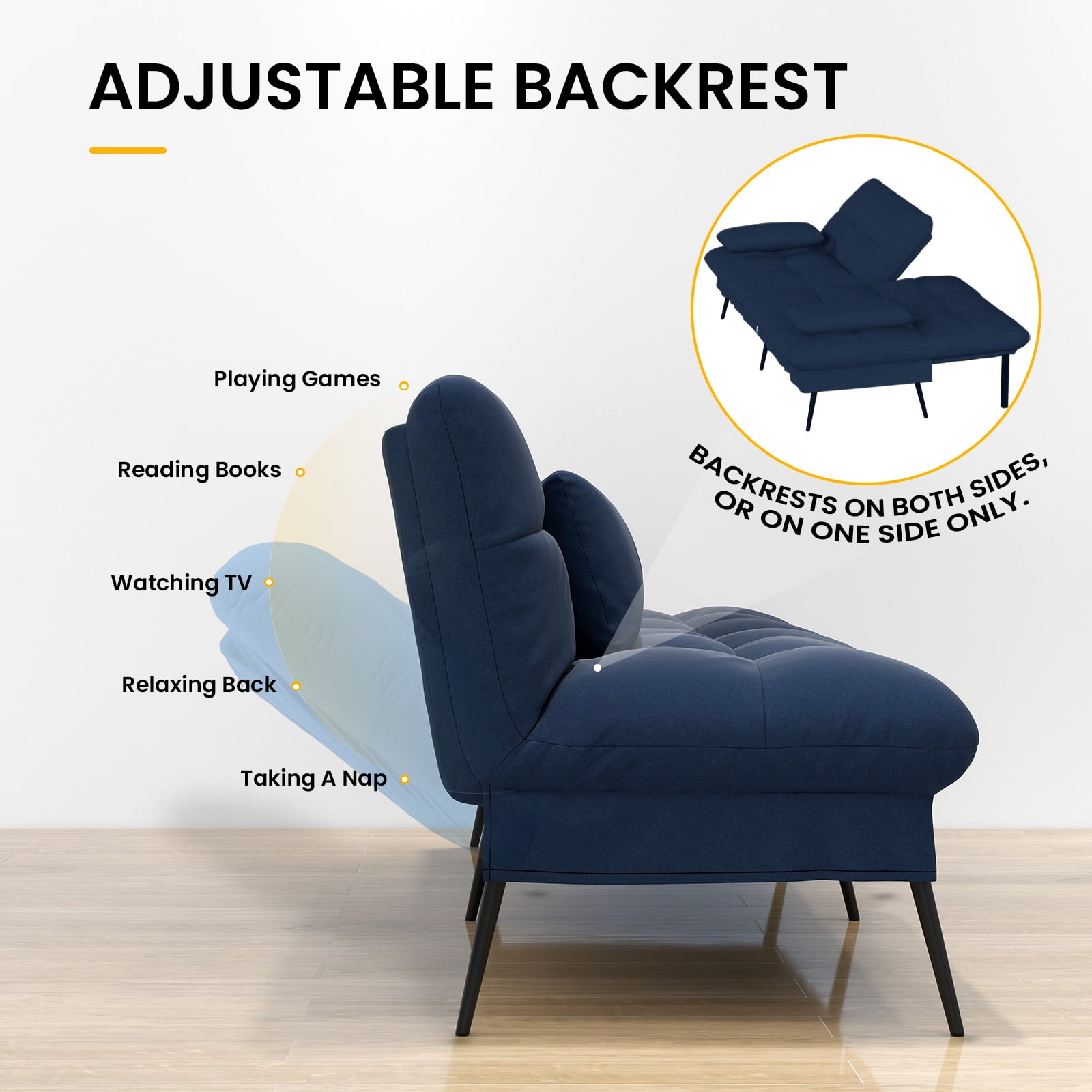 COMHOMA Convertible Futon Sofa Bed Upholstered Futon Couch Fabric Sleeper Sofa, Blue