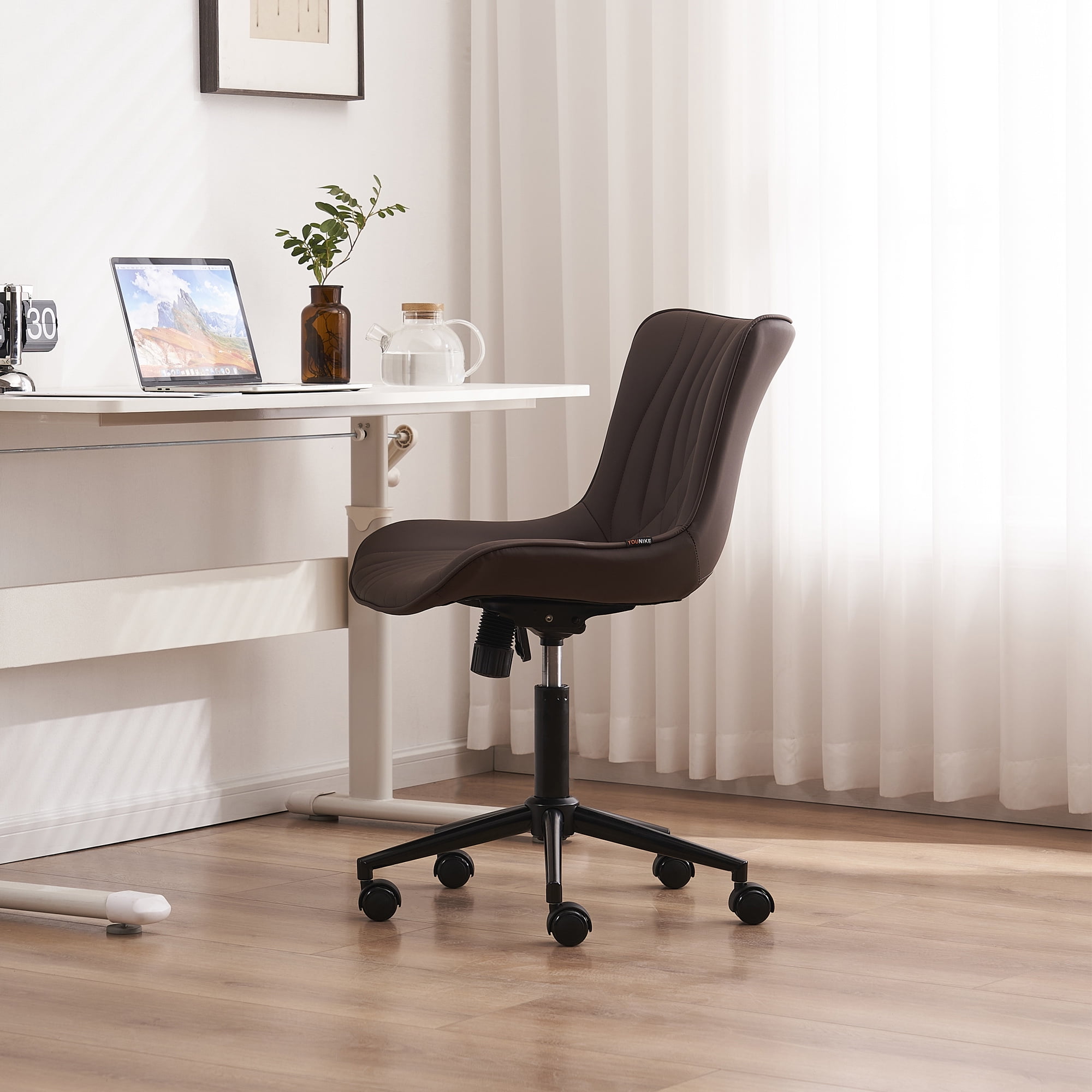 YOUNIKE Modern Office Chair with Wheels Adjustable Ergonomic Desk Task Chair in Mid-Back Brown PU Design