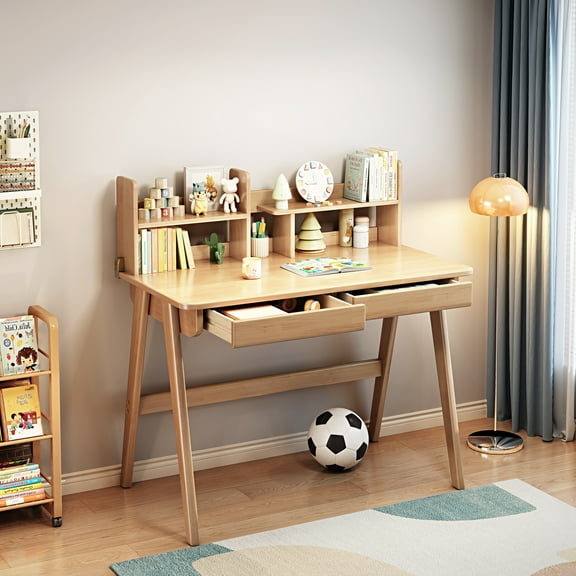 WILK Kids Desk , Solid Wood Children Study Desk , Reading Homework Drawing Table  Writing Desk Computer Station Built-in Bookshelf Hutch and Storage Drawers (Natural)