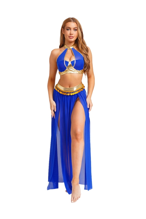 Women's Belly Dance Costume Halter Crop Top with Sequin Tassel Split Mesh Long Skirt 2Pcs Set Blue A L
